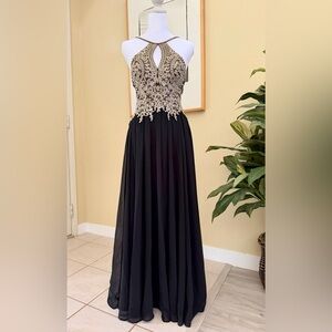 Dave & Johnny Black Gown with Gold Embellished Bodice Halter